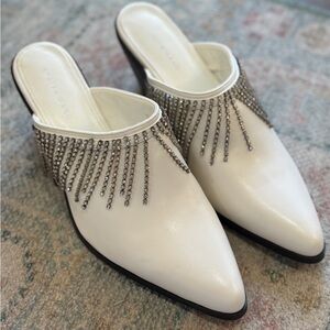 Azalea Wang White Mules with Rhinestone Fringe